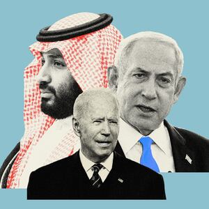 Photo illustration of Mohammed Bin Salman of Saudi Arabia, Bibi Netanyahu of Israel, and Joe Biden of the USA on a blue background.
