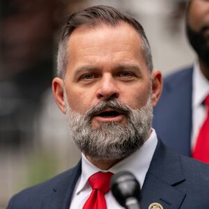 Representative Cory Mills  (R-FL) addresses the media outside of Manhattan Criminal Court on behalf of former President Donald Trump on May 14, 2024 in New York City.