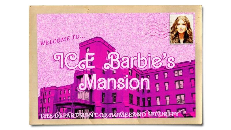 Vintage inspired postcard of a pink department of homeland security building having been renamed "ice barbie's mansion" and a stamp of kristi noem