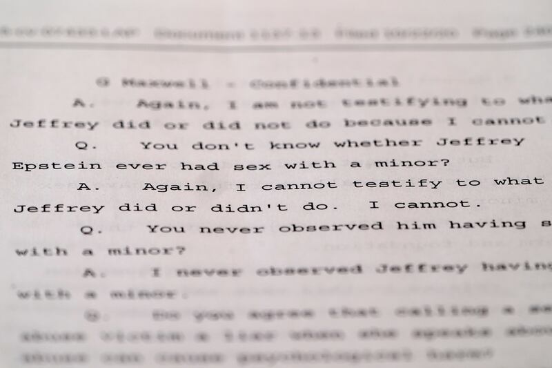 Portions of a transcript from the deposition that British socialite Ghislaine Maxwell gave in 2016 relating to her dealings with the late Jeffrey Epstein, addressing her alleged awareness of Epstein's sex crimes.