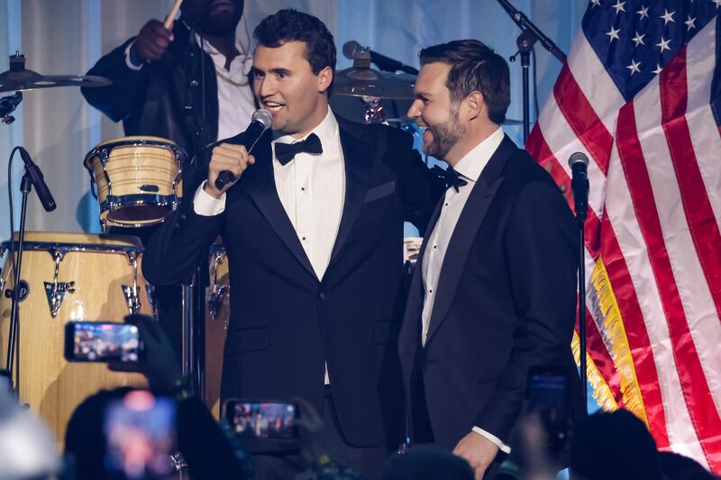 Charlie Kirk introduces JD Vance on stage during the Turning Point USA Inaugural-Eve Ball at the Salamander Hotel on January 19, 2025 in Washington, DC.