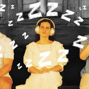 A photo illustration of Patrick Schwarzenegger, Sarah Catherine Hook, Sam Nivola on The White Lotus.