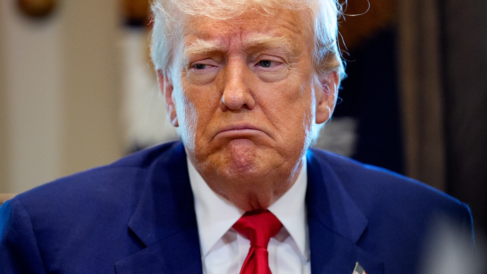 WASHINGTON, DC - APRIL 30: U.S. President Donald Trump reacts to a question during a Cabinet meeting at the White House on April 30, 2025 in Washington, DC. Trump convened the meeting as reports released today say the U.S. economy contracted 0.3% in the first quarter of 2025, the first negative reading in three years, fueled by a massive surge in imports ahead of the administration's expected tariffs. (Photo by Andrew Harnik/Getty Images)