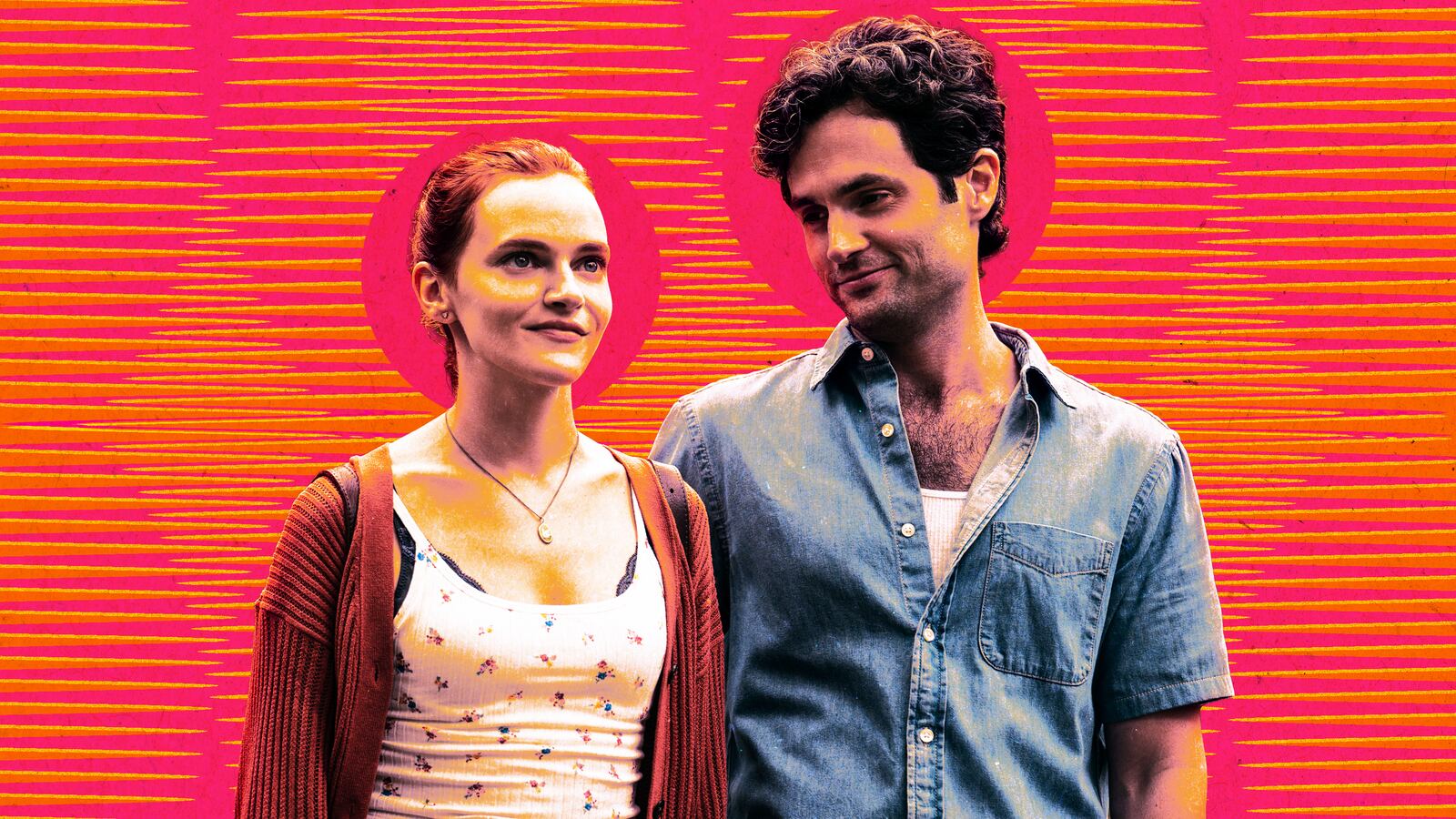A photo illustration of Madeline Brewer as Bronte, Penn Badgley as Joe Goldberg in You.