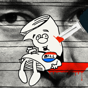 Bill from Schoolhouse Rock being stabbed in front of an image of Elon Musk