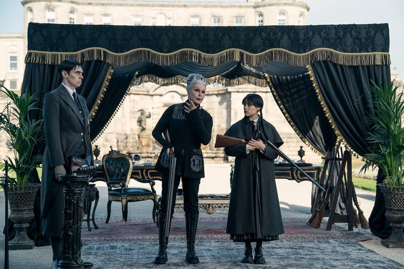 Liv Spencer as Varicose, Joanna Lumley as Grandmama, and Jenna Ortega as Wednesday Addams.