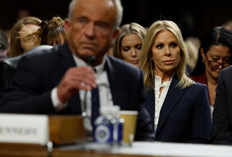 WASHINGTON, DC - JANUARY 29: Cheryl Hines, wife of Robert F. Kennedy Jr., U.S. President Donald Trump's nominee for Secretary of Health and Human Services, watches her husband testify during his Senate Finance Committee confirmation hearing at the Dirksen Senate Office Building on January 29, 2025 in Washington, DC.