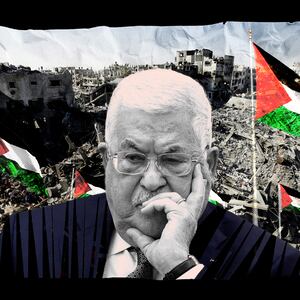A photo illustration of president of the State of Palestine and the Palestinian National Authority Mahmoud Abbas and the destruction of Gaza.