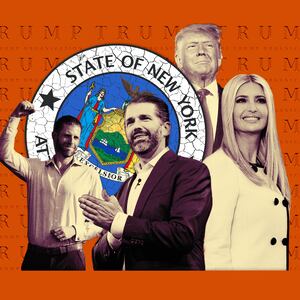 A photo illustration of Eric Trump, Donald Trump Jr., Ivanka Trump, Donald Trump, the seal of the New York Attorney General, and logos of the Trump Organization.