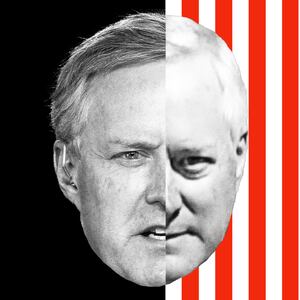 Photo illustration of two portraits of Mark Meadows on a black and red and white stripe background.