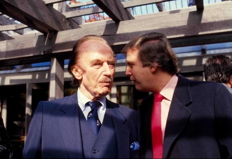 Fred Trump and Donald Trump at Wollman Rink in Central Park, apparently during a November 1986 celebration of rink's restoration. Donald John Trump (born 1946), American politician, media personality, and businessman who served as the 45th president of the United States from 2017 to 2021. (Photo by: Universal History Archive/Universal Images Group via Getty Images)