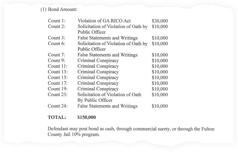 A snippet of a court document showing the count-by-count breakdown of Rudy Giuliani’s bail.