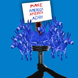 Torch made of blue donkeys and protest sign, photo illustration