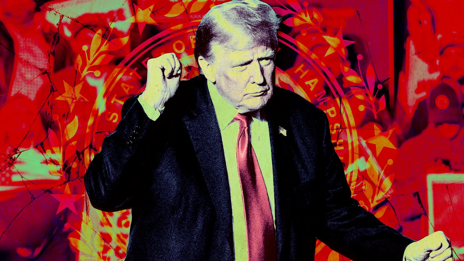 A photo illustration of former President Donald Trump at a New Hampshire rally.