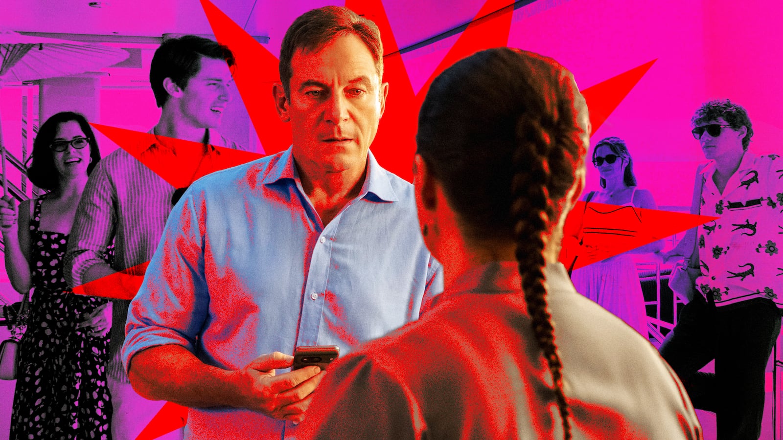 Jason Isaacs, Morgana O’Reilly, Parker Posey, Patrick Schwarzenegger, Sarah Catherine Hook, Sam Nivola in White Lotus.