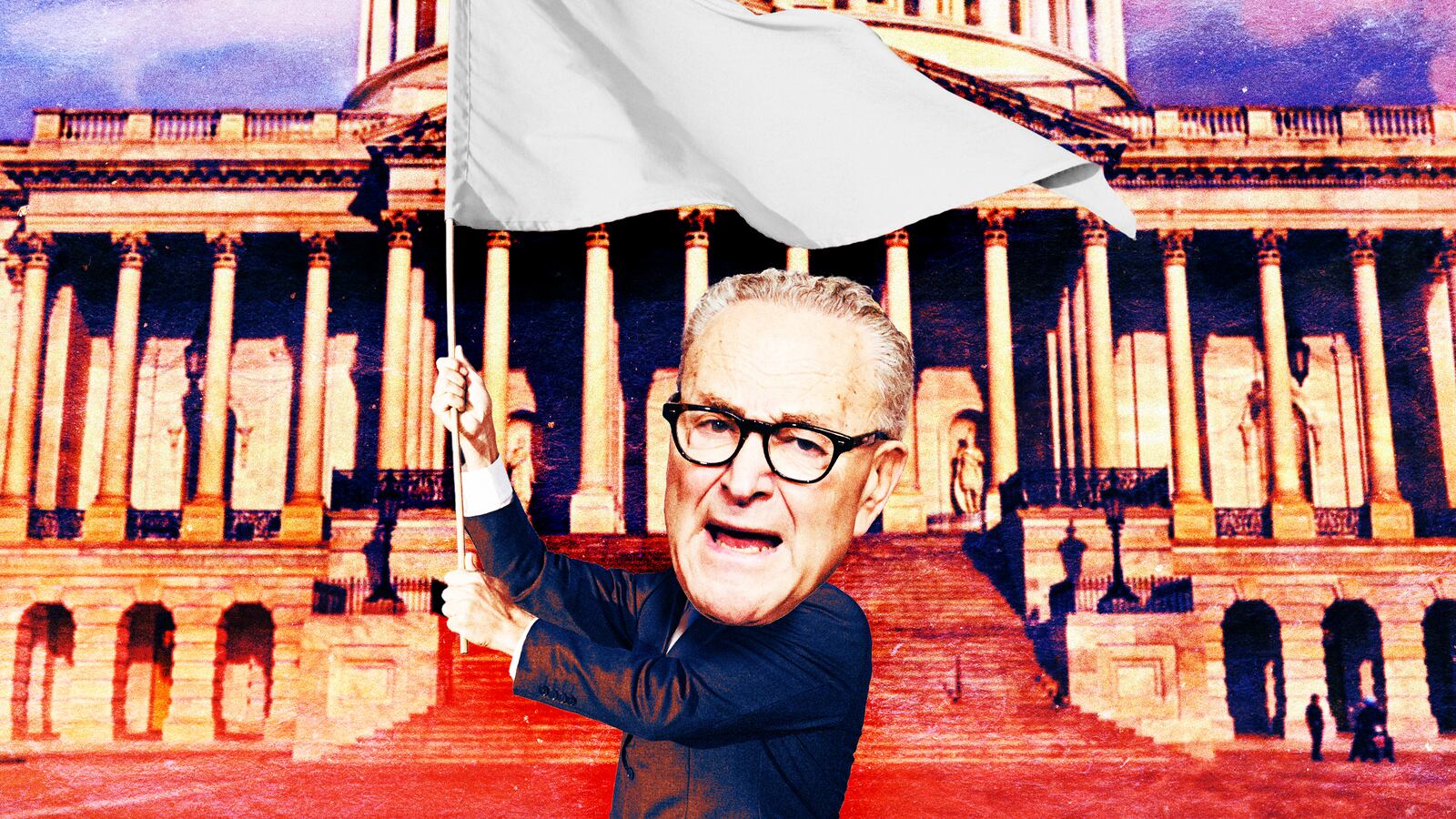 A photo illustration of Sen. Chuck Schumer waving a white flag in front of the Capitol building.