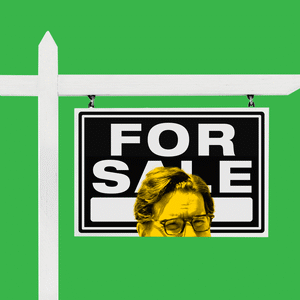 A gif of Dean Phillips poking his head in and out from a for sale sign on a green background