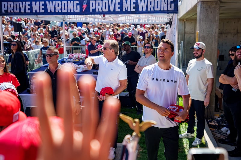 Charlie Kirk speaks at Utah Valley University on Sept. 10, 2025 in Orem, Utah.  Kirk, founder of Turning Point USA, was speaking at his "American Comeback Tour" when he was shot in the neck and killed.