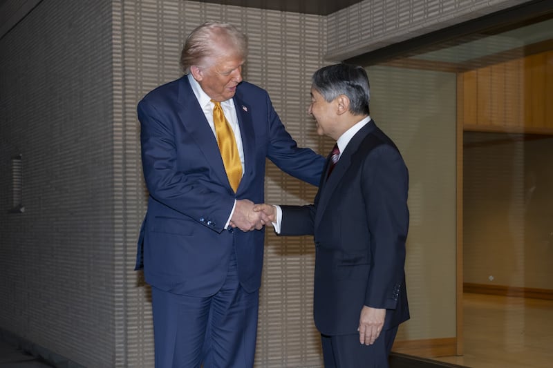 U.S. President Donald J. Trump (L) meets with Japan's Emperor Naruhito (R) in Tokyo, Japan on October 27, 2025.