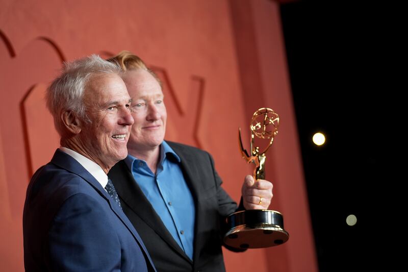 WEST HOLLYWOOD, CALIFORNIA - SEPTEMBER 15: (L-R) Mike Sweeney and Conan O'Brien attend the HBO & Max Post-Emmy Reception at San Vicente Bungalows on September 15, 2024 in West Hollywood, California. (Photo by JC Olivera/GA/The Hollywood Reporter via Getty Images)