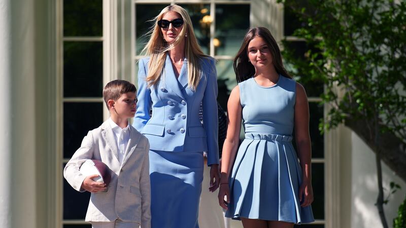Ivanka Trump, the daughter of UPresident Donald Trump, and her children Arabella Rose and Joseph Frederick arrive for an event with the Philadelphia Eagles on the South Lawn of the White House on April 28, 2025 in Washington, DC.