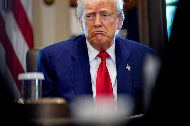 President Donald Trump reacts to a question during a Cabinet meeting at the White House on April 30, 2025 in Washington, D.C.