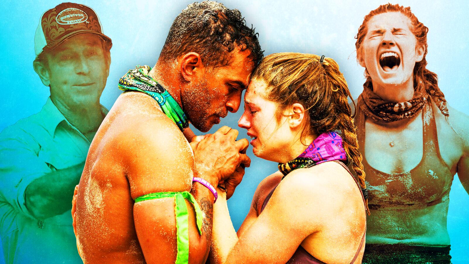 Survivor Joe Hunter, Eva Erickson, Jeff Probst photo illustration