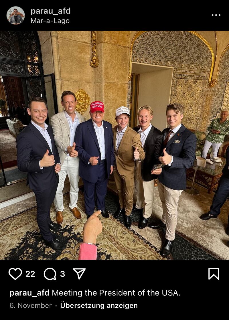 The AfD's Phillipp-Anders Rau (second from left) and right-wing YouTuber Leonard Jäger (second from right) were among a group of Germans who Donald Trump greeted at Mar-a-Lago in advance of the election.