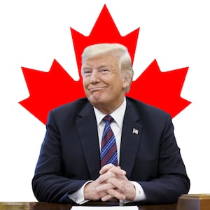 An image of President-elect Donald Trump smiling at a desk in the Oval Office is shown, superimposed over an image of the Canadian flag.