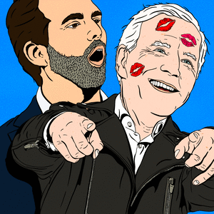 An animated illustration of Donald Trump Jr. and President Joe Biden.