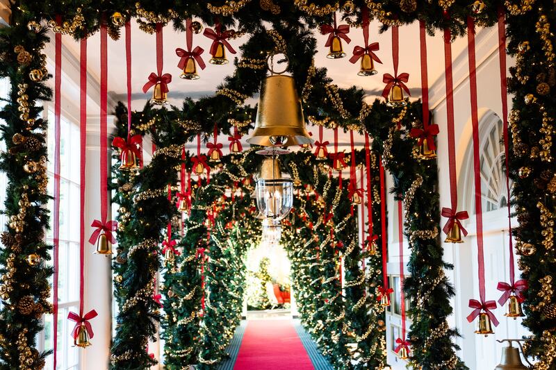 Christmas decoration in the East Colonnade during the media preview of the seasonal décor at the White House in Washington, Monday, December 2, 2024.