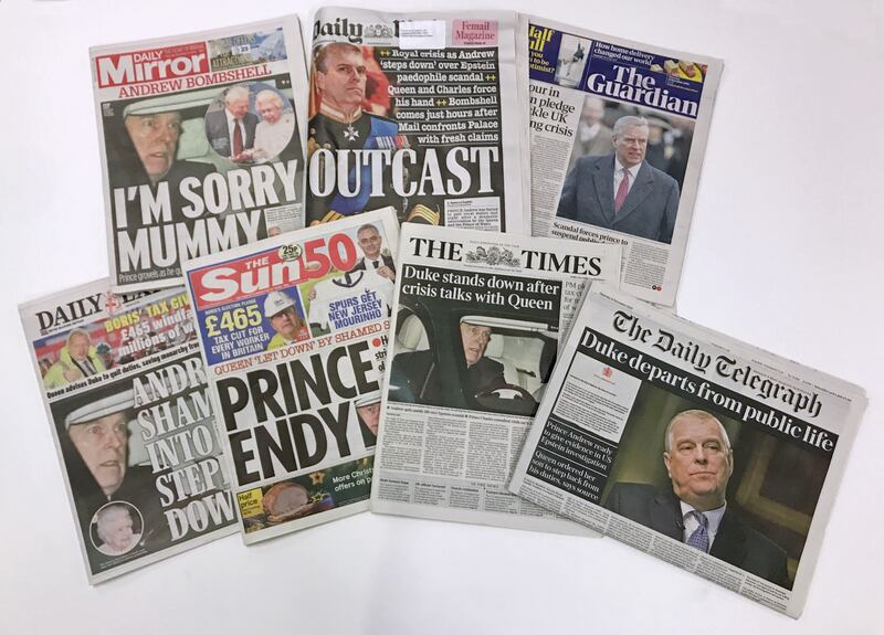 The front pages of national newspapers following the fallout from his friendship with sex offender Jeffrey Epstein. (