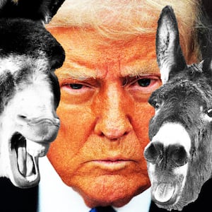 Donald Trump with donkeys laughing in front of him