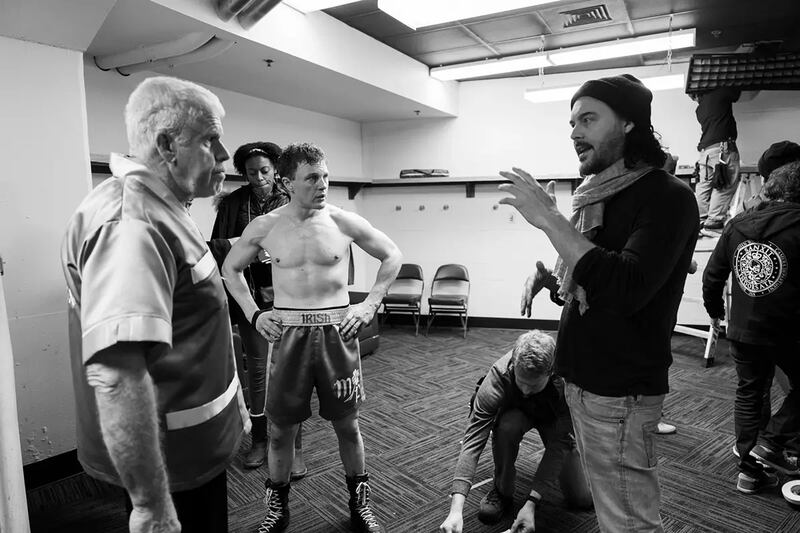 Ron Perlman, Michael Pitt, Jack Huston, and Lashawn Garnes on the set of Day of the Fight.