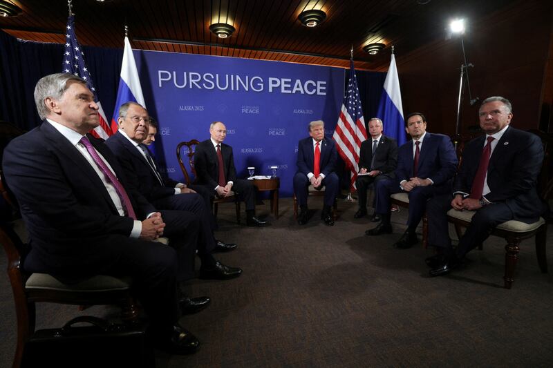Putin and Trump attend Friday's meeting with (L-R) Russian Presidential Aide Yury Ushakov, Russian Foreign Minister Sergey Lavrov, U.S. Secretary of State Marco Rubio and U.S. Special Envoy Steve Witkoff