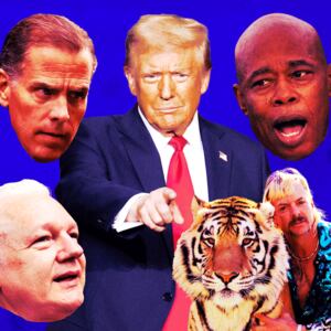 An animated GIF of Donald Trump, Eric Adams, Hunter Biden, Julien Assange, and Joe Exotic.