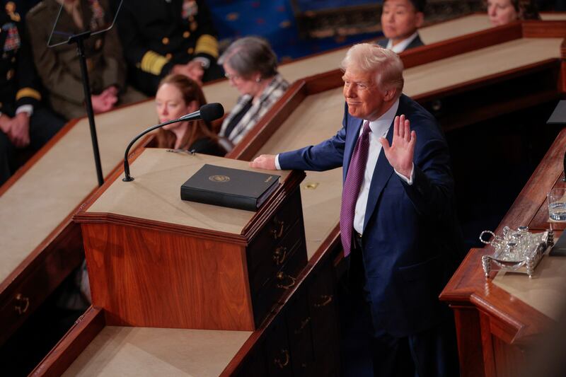 U.S. President Donald Trump waves as he addresses a joint session of Congress at the U.S. Capitol on March 04, 2025 in Washington, DC.