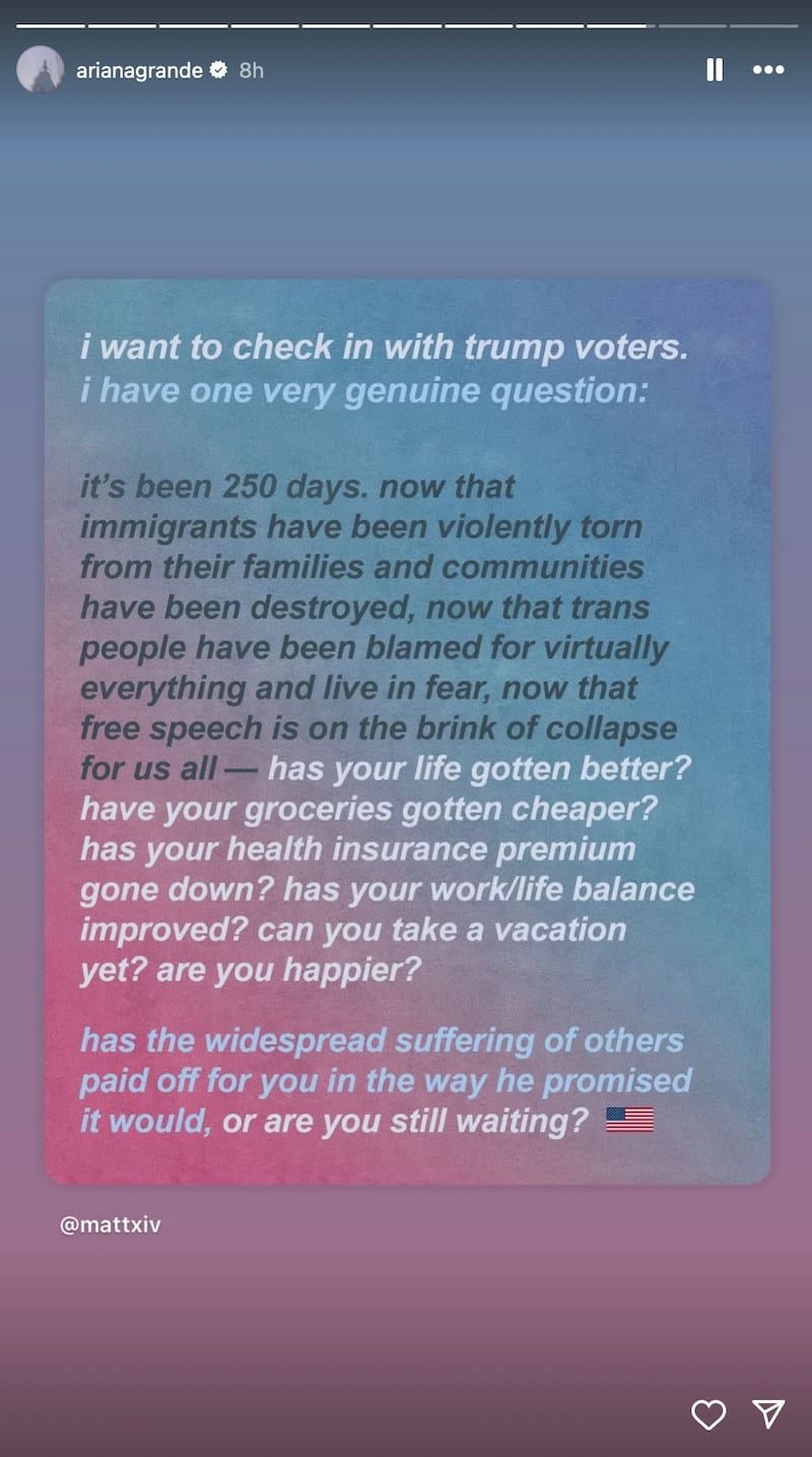 Anti Trump Instagram post shared by Ariana Grande.