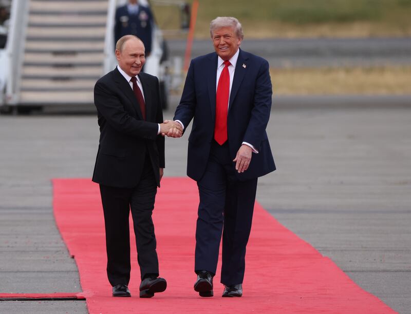 ANCHORAGE, ALASKA - AUGUST 15: (RUSSIA OUT) U.S. President Donald Trump and Russian President Vladimir Putin meet for their summit on the war in Ukraine, at U.S. Air Base on August 15, 2025, in Anchorage, Alaska, United States. Putin is having a one-day trip to Alaska. (Photo by Contributor/Getty Images)