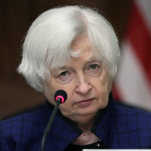 U.S. Secretary Janet Yellen listens during an open session of a Financial Stability Oversight Council meeting at the Department of the Treasury on April 21, 2023 in Washington, DC.