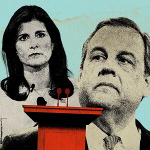 Photo illustration of Chris Christie, Nikki Haley, and a podium on a blue distressed background.