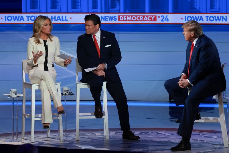 Moderators Martha MacCallum and Bret Baier host a Fox News Town Hall with Republican presidential candidate former President Donald Trump on January 10, 2024.
