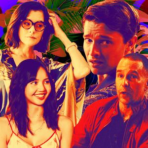 A photo illustration of Parker Posey, Lalisa Manobal, Patrick Schwarzenegger, and Sam Rockwell.