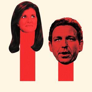 An illustration including photos of Nikki Haley and Ron DeSantis 