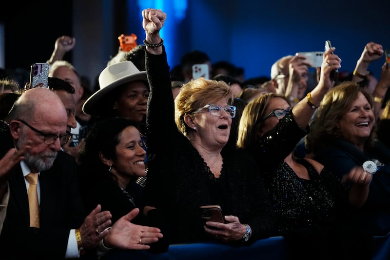 Supporters cheer during the election night watch party for New Jersey Democratic gubernatorial candidate Rep. Mikie Sherrill at the Hilton East Brunswick Hotel on November 4, 2025 in East Brunswick, New Jersey.