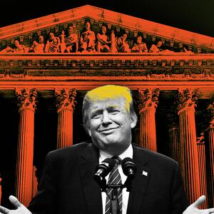An illustration including former U.S. President Donald Trump and a photo of the supreme court