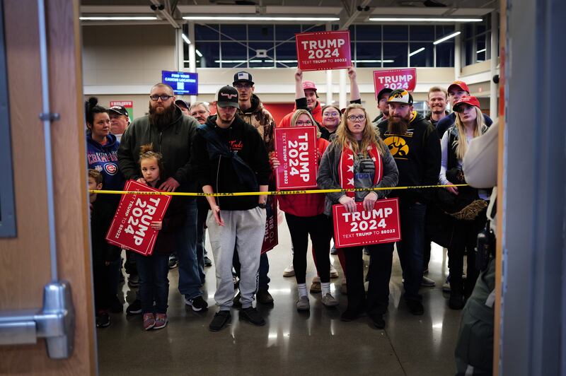 An overflow crowd waits for the start of a rally with Republican presidential candidate Donald Trump on January 6, 2024 in Clinton, Iowa.