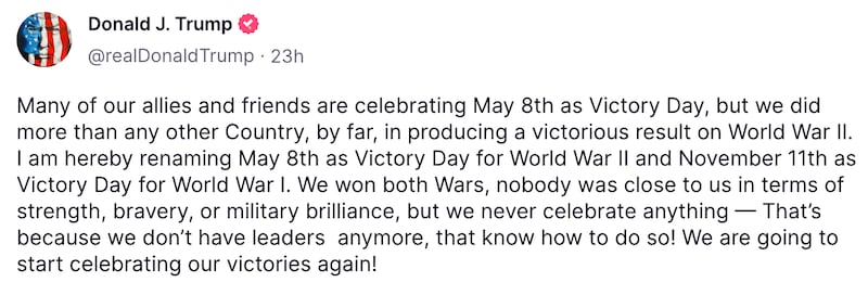 Trump post on truth social about renaming veterans day