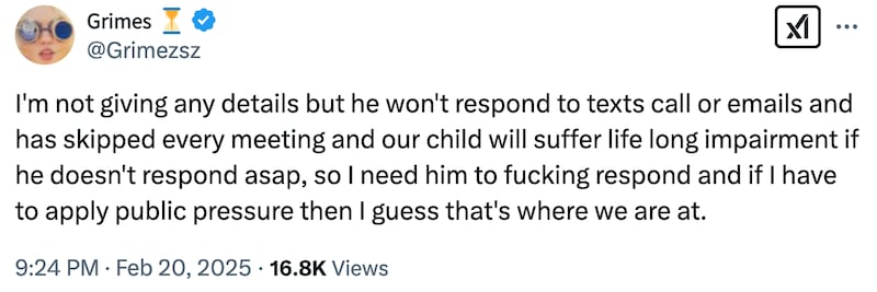 Grimes begs Elon Musk on X to respond to an urgent medical issue involving one of their three children.