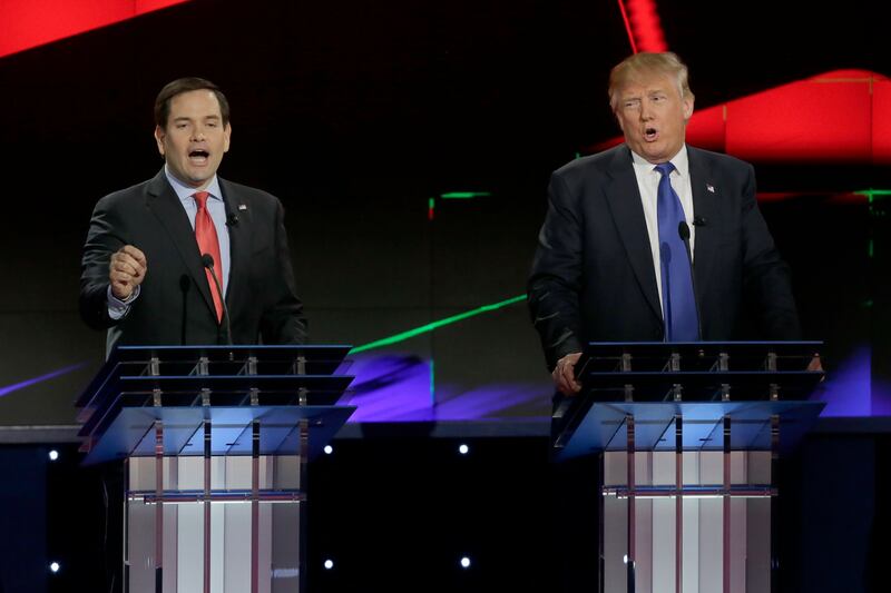 Republican presidential candidates Sen. Marco Rubio and Donald Trump at the Republican presidential primary candidate debate sponsored by CNN and Telemundo at the University of Houston in Houston, TX, on February 25, 2016.